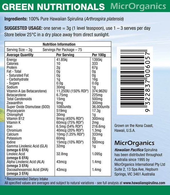 Green Nutritionals Hawaiian Spirulina 100g POWDER